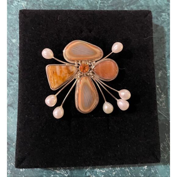 Artisan Sterling Silver Pendant with Jasper, Pearl Accents & Gemstone Center - Picture 5 of 7